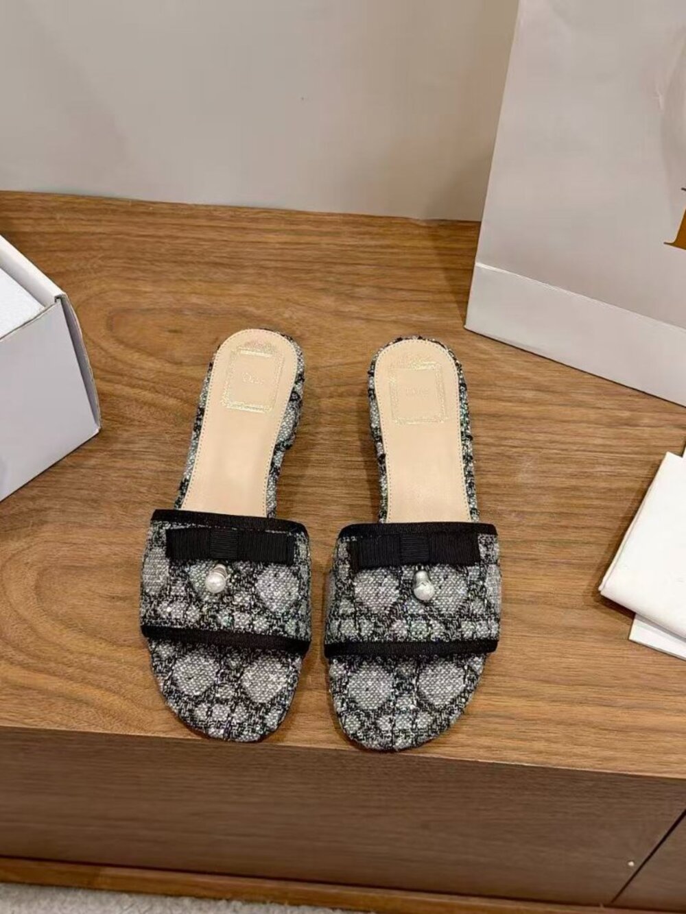 Dior Tweed Bow Pearl Slides